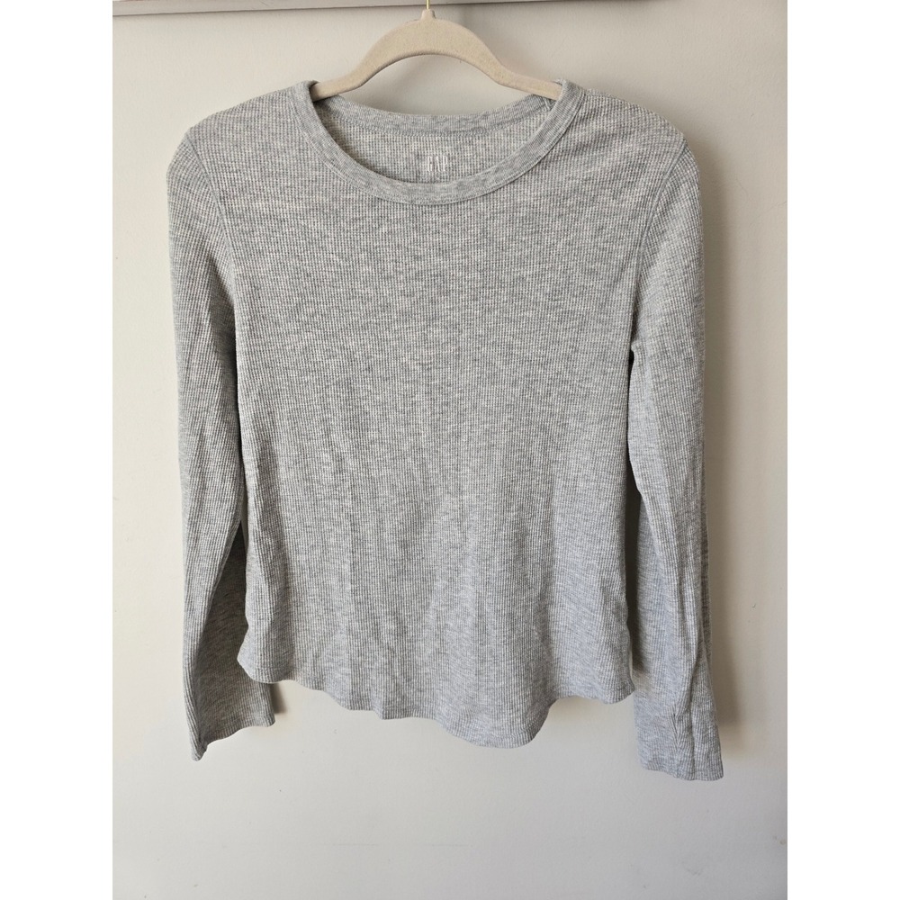 Gap Women Heather Grey Waffle Knit Long Sleeve Thermal Top Size M Crew Neck